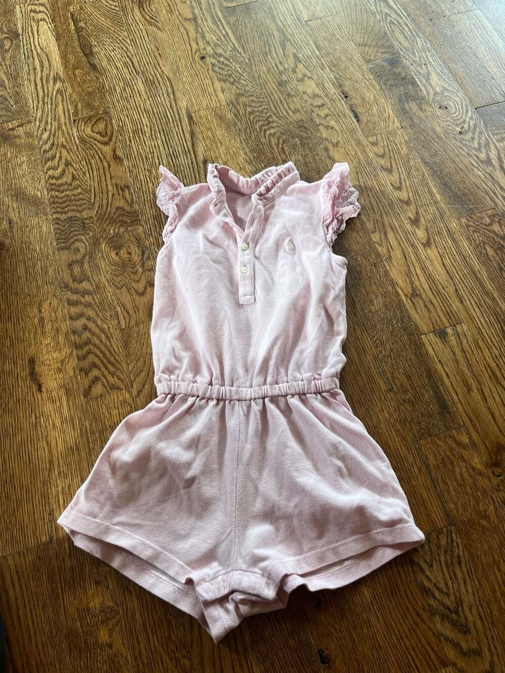 Polo Ralph Lauren Baby Girl Pink Mesh Cotton Romper with Lace Ruffle Sleeves